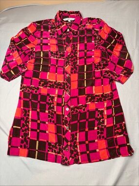 Trina Turk Pink Red Printed Button-Up Blouse Size 10 100% Silk